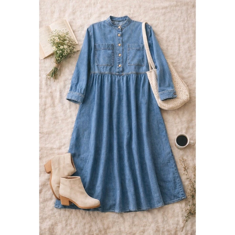Studio‎ Ease Denim Midi Dress 12 Button Cottagecore Minimalist Pockets Relaxed - Picture 3 of 11